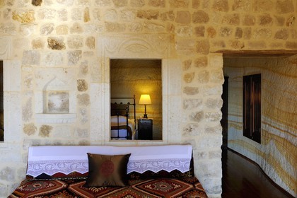 Turkey, Central Anatolia, Nevsehir Province, Cappadocia listed as World Heritage by UNESCO, Urgup, Yunak Evleri luxury hotel in old troglodytic houses