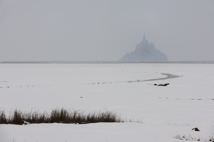 France, Manche (50), Mont-Saint-Michel, classé au Patrimoine Mondial de l'UNESCO, sous la neige
