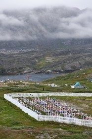 Greenland, central western region, Sisimiut (formerly Holsteinsborg), the cemetery, the coffins are placed on the surface and then covered with stones or cement, the ground can not be dug, the tombs are then decorated with artificial flowers