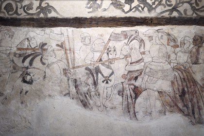 France, Calvados, Pays d'Auge, 15th and 16th century Saint Germain de Livet Castle labeled Museum of France, 16th century fresco in the guard room