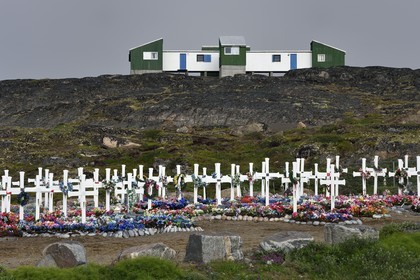 Greenland, west coast, Disko Island, Qeqertarsuaq, the cemetery, the tombs are decorated with artificial flowers