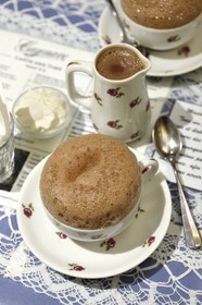 France, Pyrenees Atlantiques, Basque Country, Bayonne, tea room and chocolatier Chez Cazenave rue du Port Neuf, cups of hot chocolate