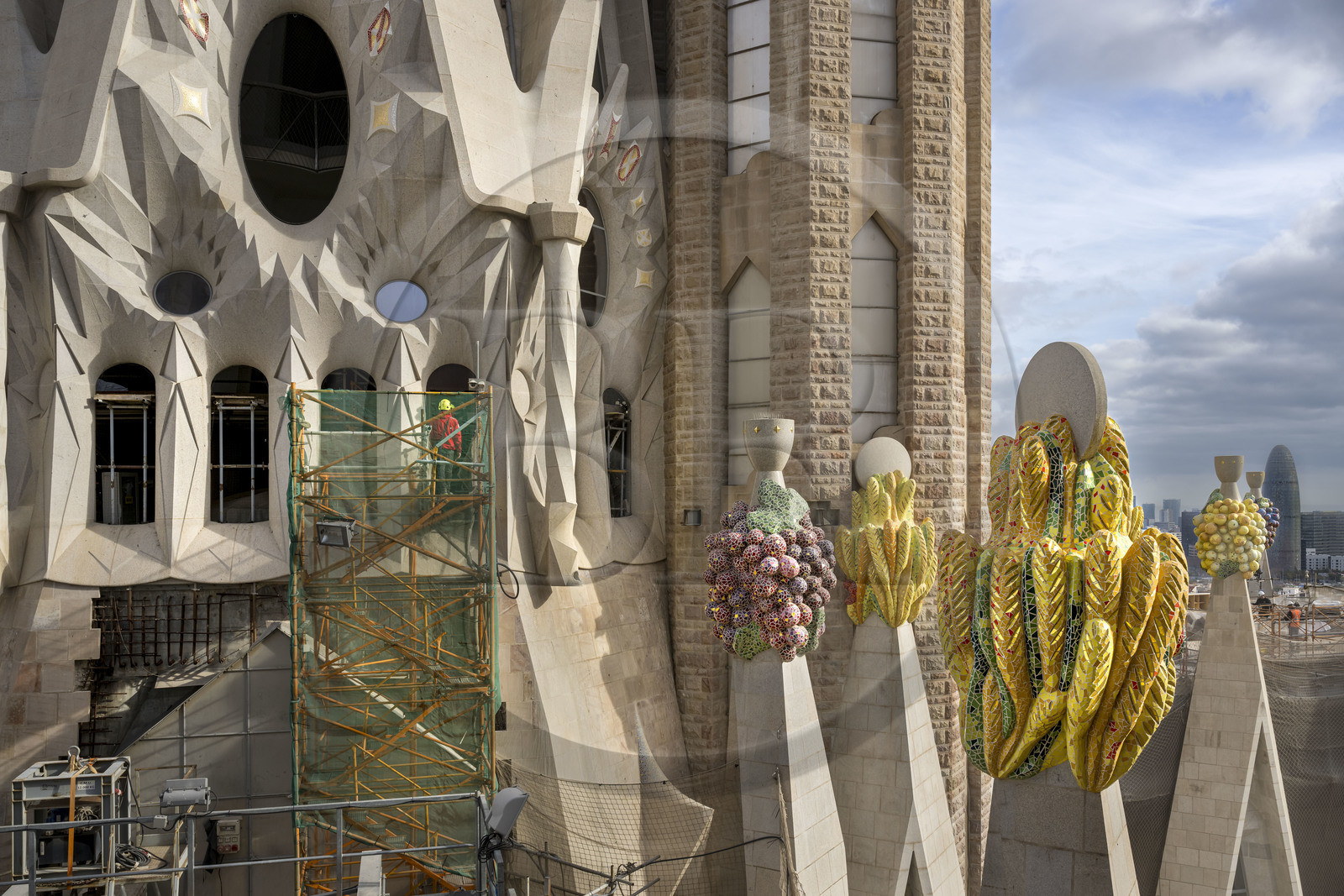 Spain, Catalonia, Barcelona, Eixample district, Sagrada Familia basilica by Catalan modernist architect Antoni Gaudi, listed as a UNESCO World Heritage Site, peaks topped with mosaics in the shape of fruits surrounding the construction site of the future central tower