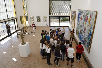 France, Alpes Maritimes, St Paul de Vence, Fondation Maeght by the architect Josep Lluis Sert, a museum of contemporary art, works from the permanent collection including La Vie (1964) the world's largest painting by Marc Chagall