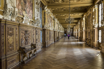 France, Seine-et-Marne, Fontainebleau, castle of Fontainebleau listed as World Heritage by UNESCO, the Francois 1er Gallery built between 1528 and 1530, decorated with paintings, paneling, frescoes and stuccos, carved walnut woodwork and a coffered ceiling
