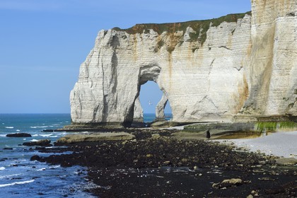 France, Seine-Maritime (76), Pays de Caux, Côte d'Albâtre, Etretat, la Manneporte vue depuis la pointe de la Courtine à marée basse