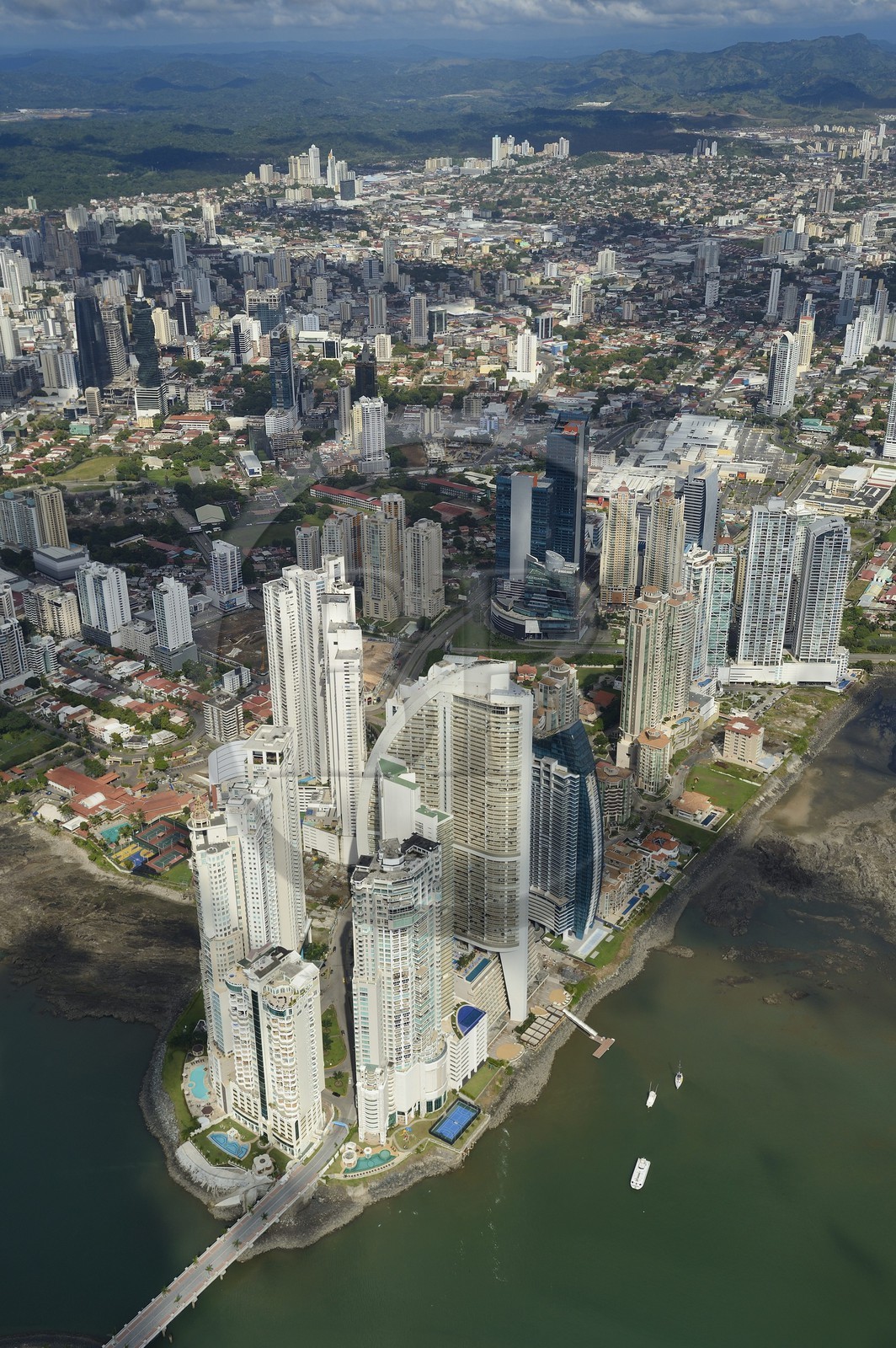 Panama, Panama City skyscrapers, Colon point and the Trump tower in foreground (aerial view)