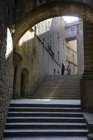 France, Manche, the abbey of Mont Saint Michel, listed as World Heritage by UNESCO, stairs of the Abbey church and the lodgings the left