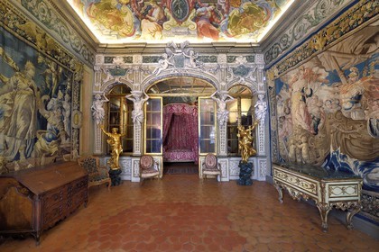 France, Alpes-Maritimes (06), Nice, quartier du Vieux Nice, Palais Lascaris du milieu XVIIe siècle, la chambre d’apparat du deuxième étage et son alcove