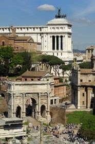Italy, Lazio, Rome, historical center listed as World Heritage by UNESCO, the Roman Forum, Arch of Septimius Severus and Vittoriano in the background