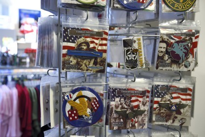 France, Calvados, Colleville sur Mer, Overlord Museum, Normandy 44, replicas of military badges on sale