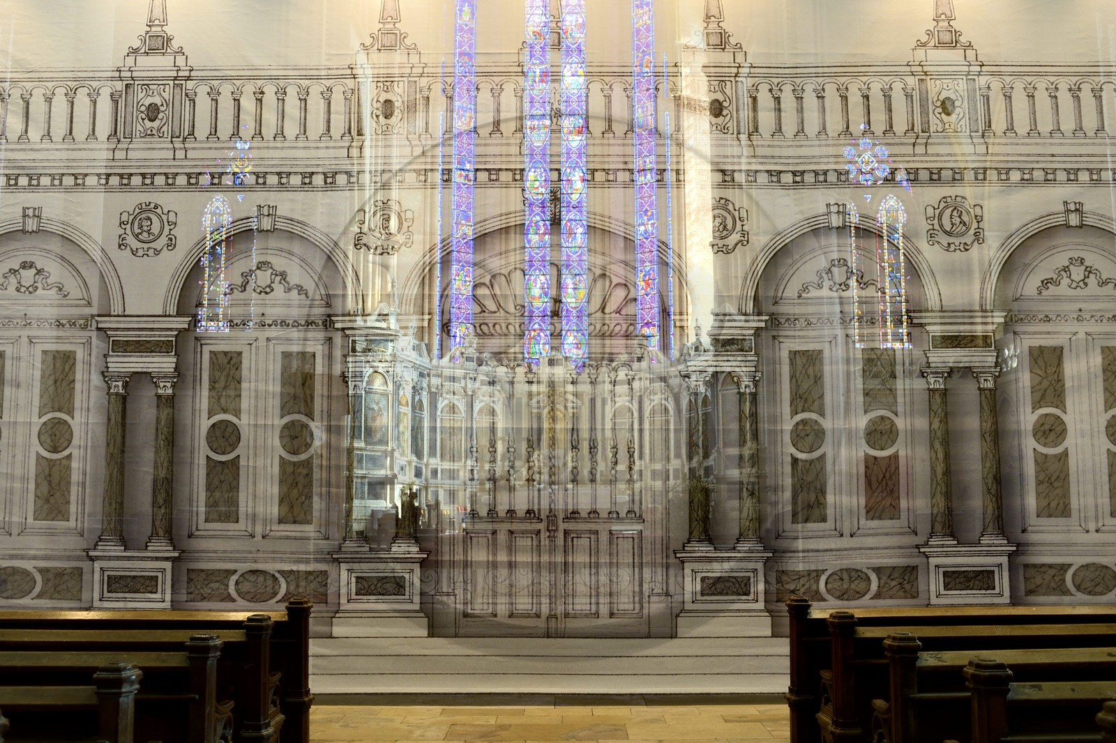 France, Meurthe-et-Moselle (54), Toul, la cathédrale Saint-Etienne, restitution sur bâche du jubé de 1561 détruit à la révolution, haut de 7 mètres et large de 11 mètres