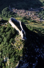 France, Ariege, Pays d' Olmes, Cathar Castle of Montsegur perched on rock (aerial view)
