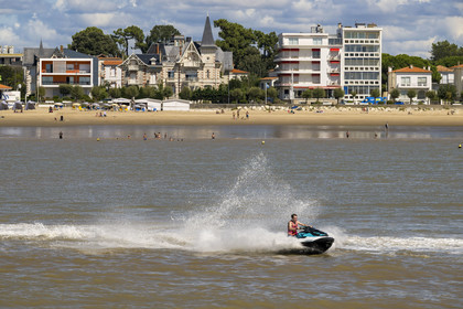 France, Charente-Maritime, Royan, seafront and Grande-Conche beach with the small building (in orange) La Perrinière from the 1950s designed by the architects M. Barnier and J. Daugrois