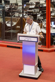 France, French Guiana, Kourou, Guiana Space Centre (Centre spatial guyanais, CSG) also called Europe's Spaceport, its director Philippe Lier in front of the Jupiter command room