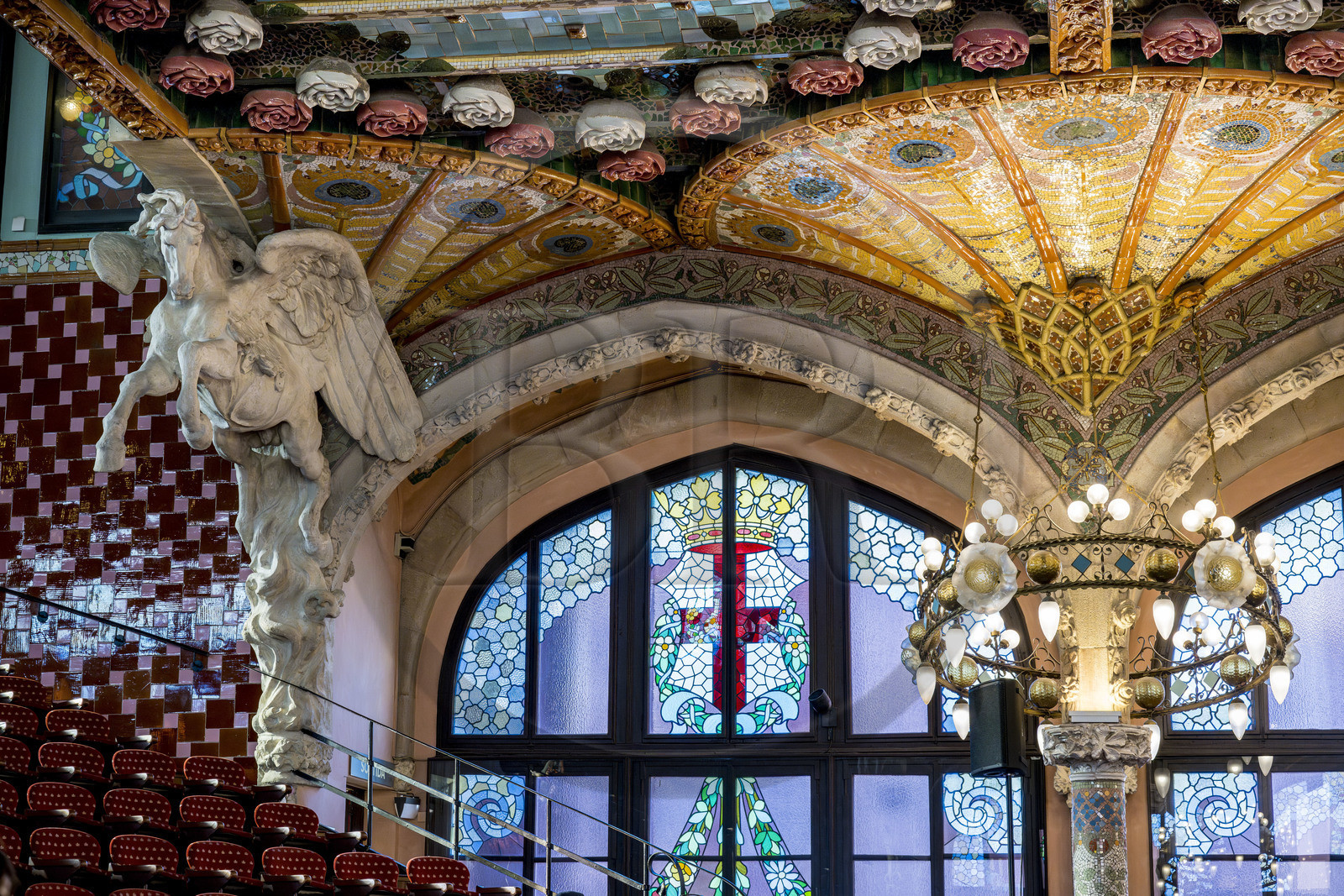 Spain, Catalonia, Barcelona, Palau de la Musica Catalana (Catalan Music Palace), concert hall designed by the architect of Catalan modernism Lluis Domènech i Montaner, a UNESCO World Heritage Site, Pegasus at the start of the second balcony