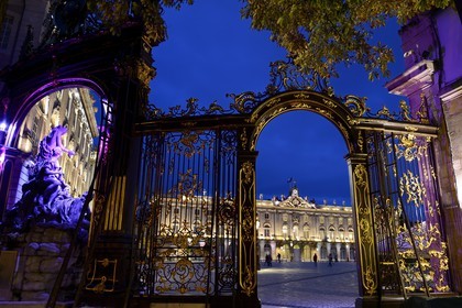 France, Meurthe-et-Moselle, Nancy, Place Stanislas (former Place Royale) built by Stanislas Leszczynski in the 18th century, listed as World Heritage by UNESCO, Amphitrite Fountain and golden gate by Jean Lamour