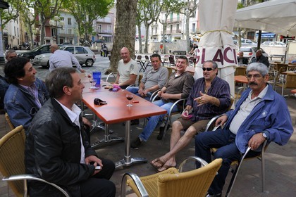 France, Herault, Sete, place Leon Blum, meeting of a bunch of friends from Sete over a glass