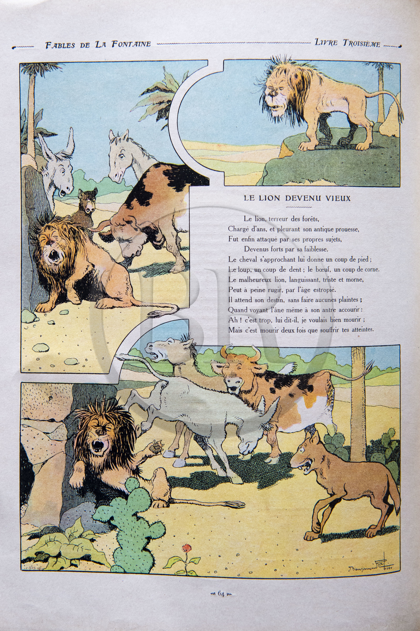France, Aisne (02), Château-Thierry, Musée Jean de La Fontaine - Ville de Chateau-Thierry, livre des Fables de La Fontaine illustrées par Benjamin Rabier, Edition Jules Tallandier, 1906, in-folio, le Lion devenu vieux fable XIV du livre III