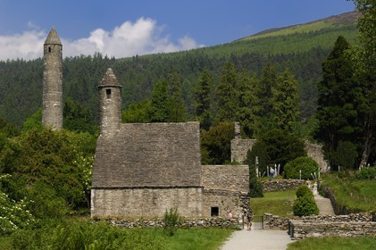 Republic of Ireland, Wicklow County, region of Wicklow Mounts, monastic site of Glendalough, Saint Kevin church and round tower