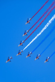 France, Bouches du Rhone, Salon de Provence, air base 701, base of the Patrouille de France (PAF for Patrouille acrobatique de France) of the French Air and Space Force, Alphajet aircraft flying in Very Large Arrow formation during training