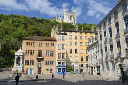 France, Rhone, Lyon, historical site listed as World Heritage by UNESCO, Vieux Lyon (Old Town), in Place St Jean under the Notre Dame de Fourviere Basilica