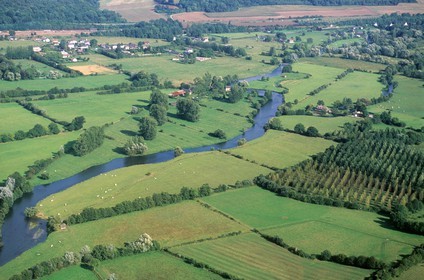 France, Eure, river Risle towards Monfort sur Risle (aerial view)