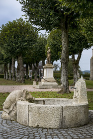 France, Nièvre (58), Parc naturel régional du Morvan, Dun-les-Places, fontaine à côté de l’église Sainte-Amélie taillée dans un bloc de granit représentant des symboles du Morvan, l’eau, la pierre et le sanglier