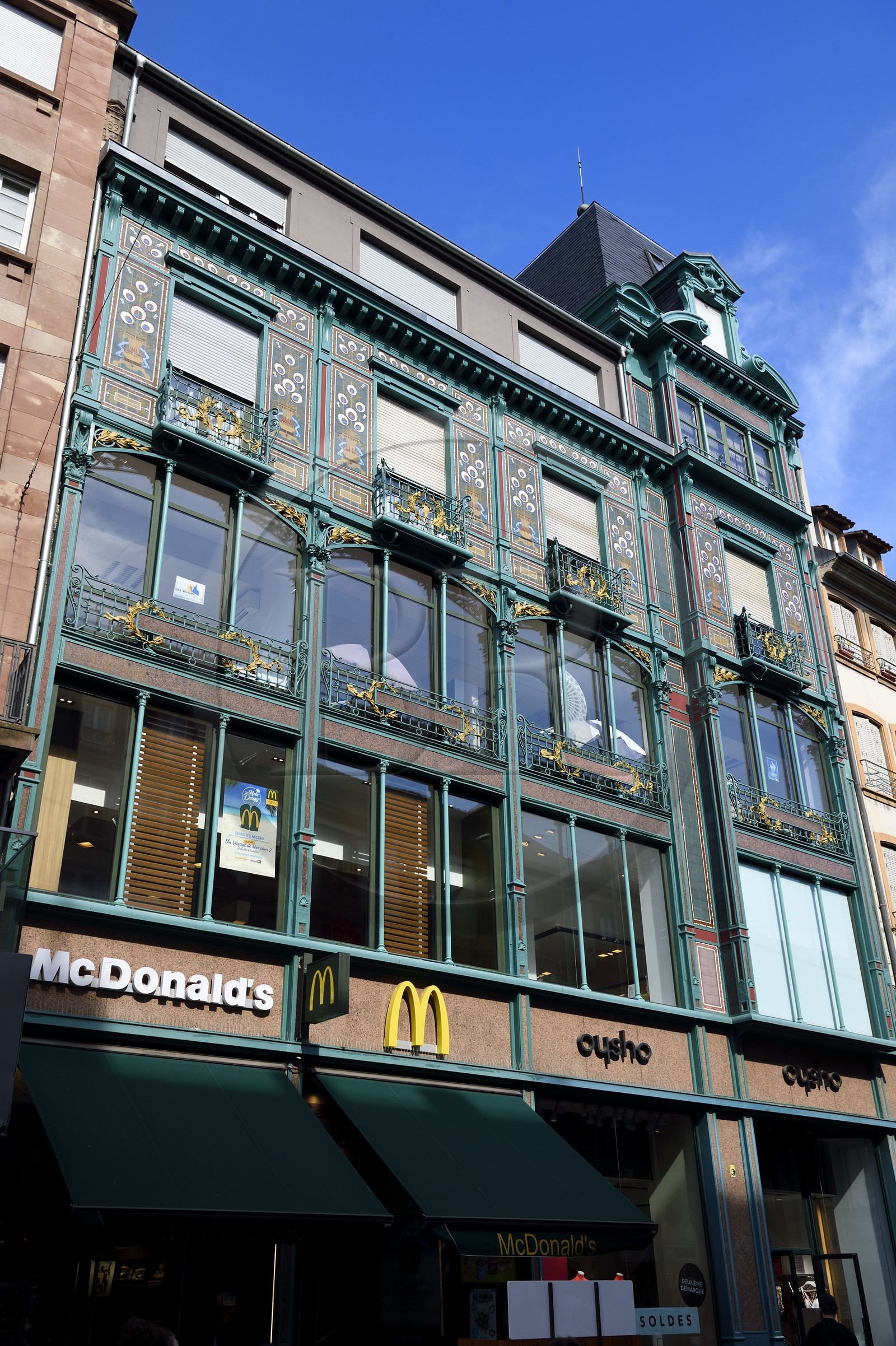 France, Bas Rhin, Strasbourg, old town listed as World Heritage by UNESCO, Art Nouveau building at 33-37 rue des Grandes-Arcades, former Manrique store France, Bas Rhin, Strasbourg, old town listed as World Heritage by UNESCO, Art Nouveau building at 33-37 rue des Grandes-Arcades, former Manrique store