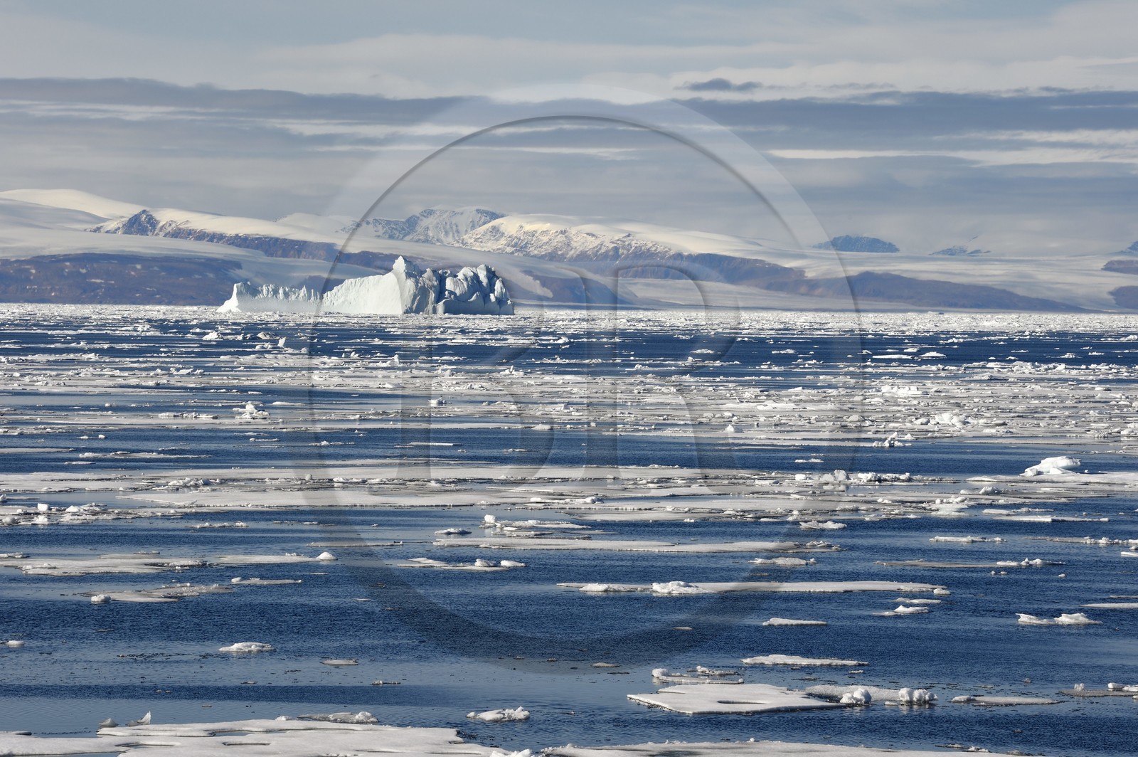Groenland, cote Nord-Ouest, Smith sound au nord de la baie de Baffin, morceaux de glace de la banquise arctique et iceberg géant en arrière plan vers la côte canadienne de l'ile d'Ellesmere