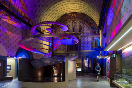 France, Cote d'Or, Dijon, area listed as World Heritage by UNESCO, International Cité of Gastronomy and Wine by architect Anthony Béchu, intérieur de la Grande Chapelle de l'ancien hopital général, exhibition on climates and terroirs