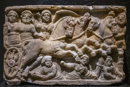 France, Gard, Nimes, Romanity museum (Musée de la Romanite), casket of an Etruscan cinerary urn in alabaster representing the rape of Persephone (Volterra 2nd century BC)(temporary exhibition)
