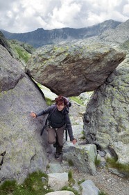 France, Alpes-Maritimes, parc national du Mercantour (Mercantour National Park), the Vallee des Merveilles (Valley of Wonders) on the trail GR 52, Nicoletta Bianchi, PhD in prehistory, author of a thesis on the archaeological and chronological context of the proto-historic engravings of Mount Bego region