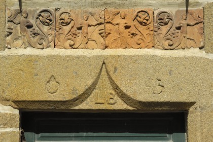 France, Manche, Cotentin, Granville, the Haute Ville (Upper Town), rue Saint-Jean, pediment of a house