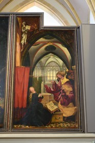 France, Haut-Rhin (68), Colmar, le musée Unterlinden, le retable d'Issenheim attribué à Grünewald, première ouverture représentant l’accomplissement de la nouvelle loi, panneau de la Résurrection