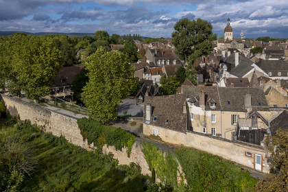 France, Cote d'Or, Climats terroirs of Burgundy listed as World Heritage by UNESCO, Beaune, the Rampart des Dames to the west of the old town and the Notre-Dame de Beaune collegiate basilica in the background (aerial view)