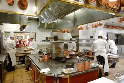 France, Rhone, Collonges au Mont d'Or, Paul Bocuse Restaurant L'Auberge du Pont de Collonges, three Michelin stars since 1965, the Paul Bocuse kitchen brigade at work