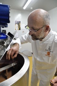 France, Bas Rhin, Munlhdolseim, pastry chocolatier Thierry Mulhaupt in his workshop