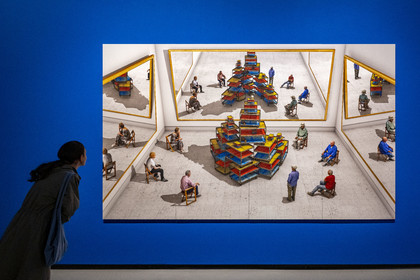 France, Paris, Bois de Boulogne, the Louis Vuitton Foundation by architect Frank Gehry, David Hockney exhibition 25, Spectators looking at a ready-made with skull and mirrors (2018)