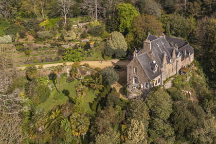 France, Côtes-d'Armor, Plouguiel, the Kestellic Botanical Garden, classified as a remarkable garden and its typically neo-Breton small manor (aerial view)