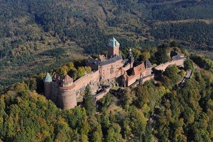France, Bas Rhin, Orschwiller, Alsace Wine Road, Haut Koenigsbourg Castle in the Vosges forest (aerial view)