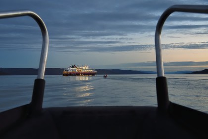 Greenland, central western region, Kangerlussuaq bay, night boarding on MS Fram cruse ship from Hurtigruten