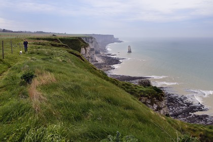France, Seine-Maritime, Pays de Caux, Alabaster Coast (Cote d'Albatre), hiker on the GR 21 between Etretat and Yport, Aiguille (Needle) of Belval and cliff at low tide