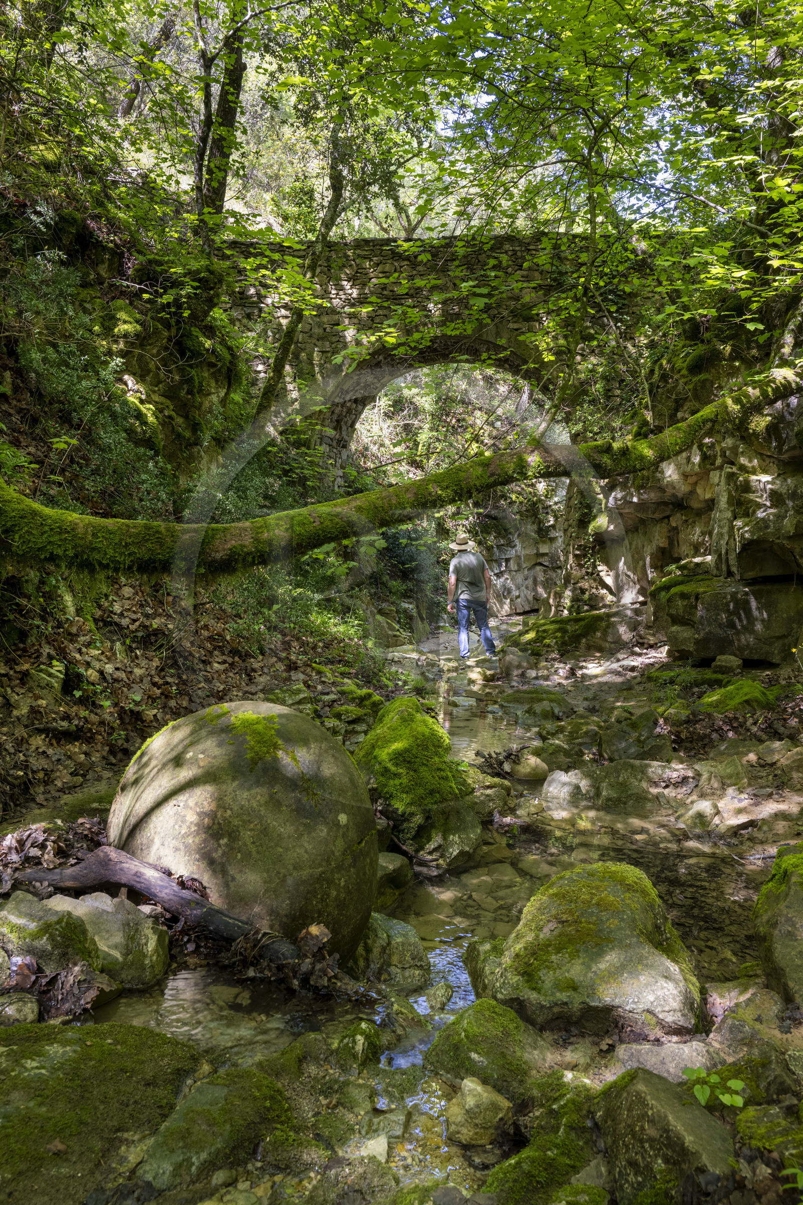 France, Vaucluse (84), Dentelles de Montmirail, Sablet, la rivière le Trignon surplombé par l'ancien pont de l'abbaye en ruine de moniales du VIIe siècle dans le vallon de Prébayon