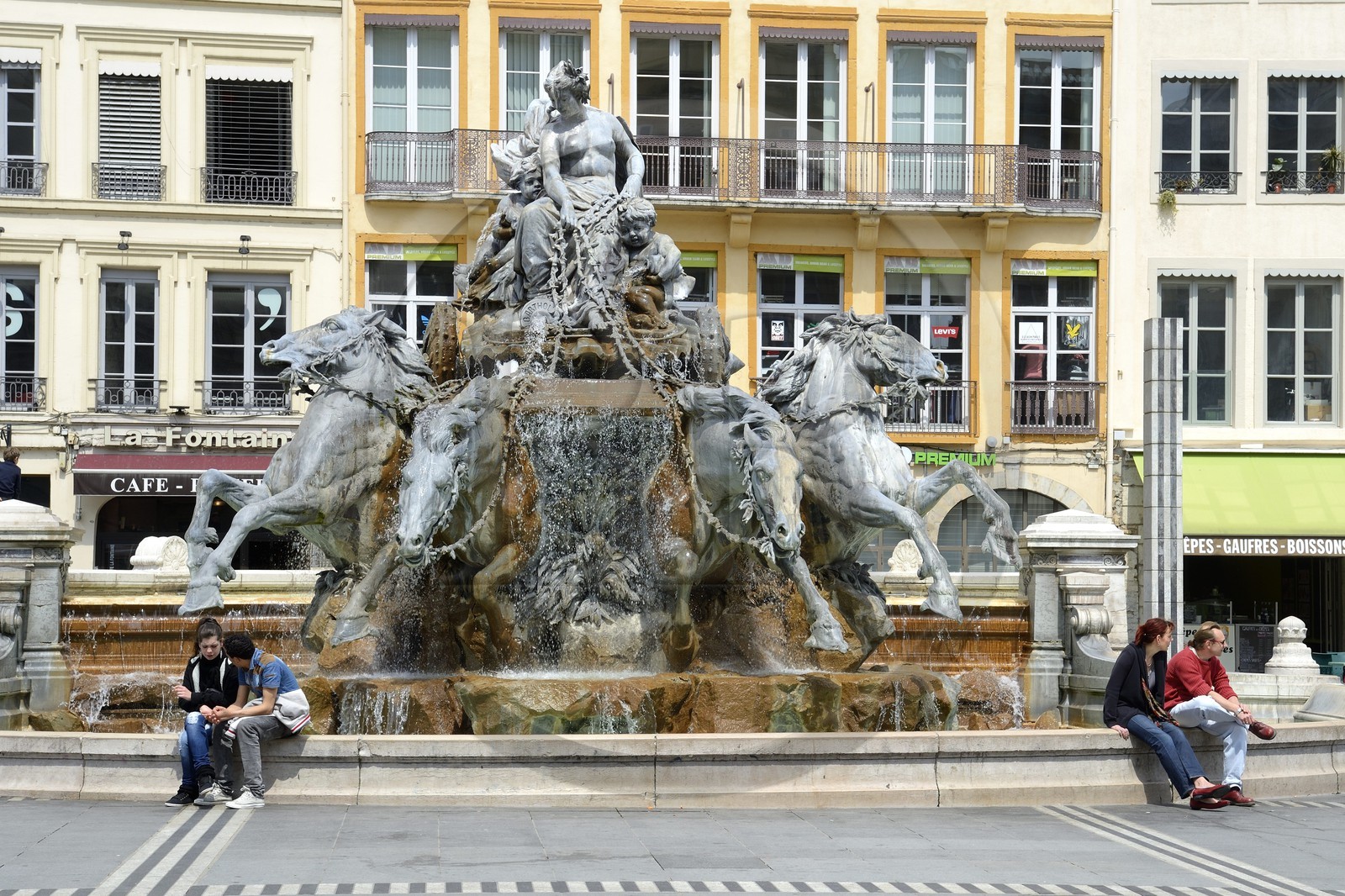 France, Rhone, Lyon, historical site listed as World Heritage by UNESCO, Place des Terreaux, Bartholdi Fountain
