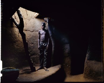 Burkina Faso, province de Poni, pays des Lobi, Loropéni, intérieur d'une maison Lobi, un des multiples accès intérieurs à la terrasse par une échelle taillée dans un tronc d'arbre