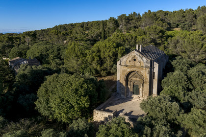 France, Bouches du Rhone, Tarascon, 12th century Saint-Gabriel chapel, a fine example of Provencal Romanesque art, located at the site of the important crossroads of Ernaginum where in ancient times the via Domitia, the via Aurelia and the via Agrippa crossed (aerial view)