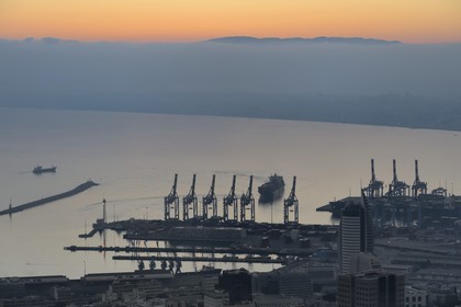 Israel, Haifa, downtown and the port seen from Mount Carmel