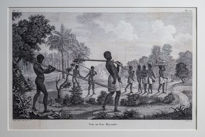 France, Loire Atlantique, Nantes, Bouffay district, the castle of the Dukes of Brittany, Nantes History Museum, rooms dedicated to the slave trade, engraving (1801) representing a captive held by a yoke around the neck called Mayombe wood