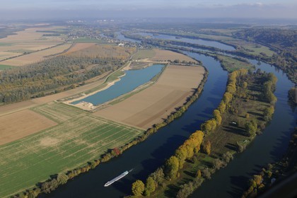 France, Eure, barge on the Seine river around Heudebouville, Lormais island (aerial view)